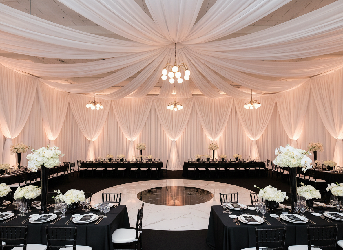 Reception draping ballroom pipe and drape Denver