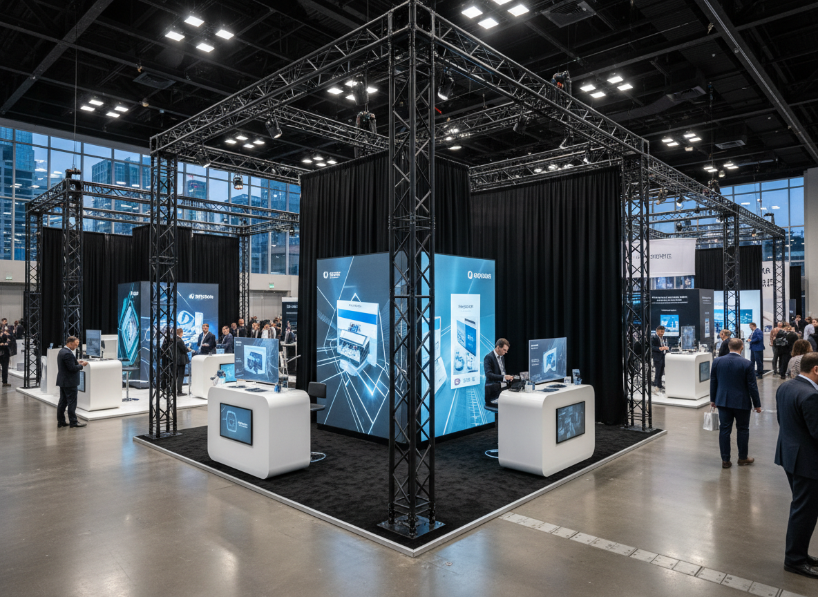 Trade show booth dividers made with black pipe and drape