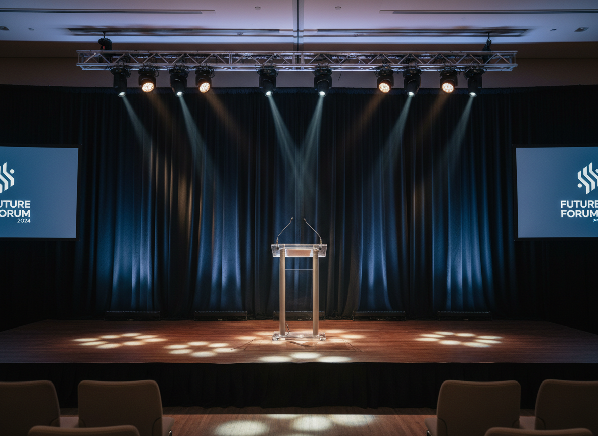 Corporate stage backdrop created with navy pipe and drape